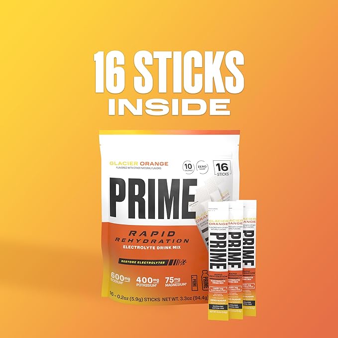 PRIME Rapid Rehydration Electrolyte Powder Sticks, Glacier Orange, Sugar Free Hydration Drink Mix with Sodium, Potassium, Magnesium & B Vitamins to Replenish Fluids, Caffeine Free, 16 Count