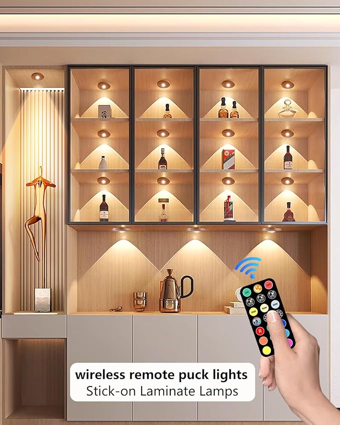 Puck lights with remote, 2000mAh rechargeable cabinet light, Under Cabinet Lighting Wireless, Display Cabinet, Dimmable Magnetic Stick-On Shelf , push lights battery operated，(Wood Color, 3 Pcs)