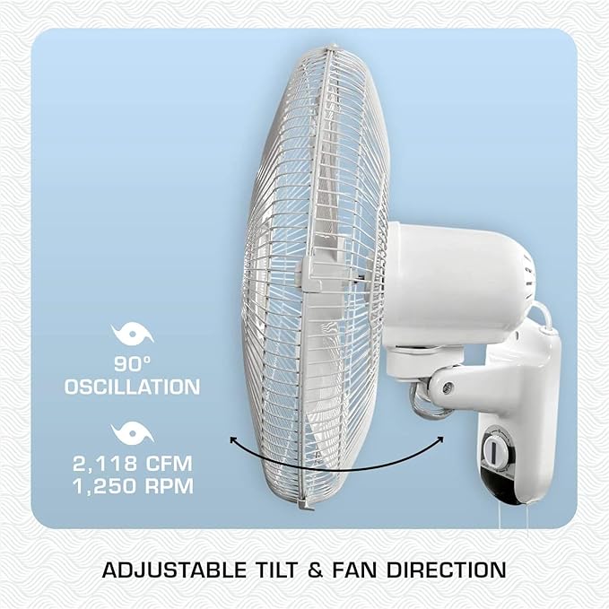 Hurricane Classic Oscillating Wall Mount Fan w/ 3 Quite Speeds, White, 16" - Corded Electric Air Cooling Unit w/ Easy Pull Cord Controls for Home, Grow Tents, Offices, Sheds, Studios, Garages & Dorms