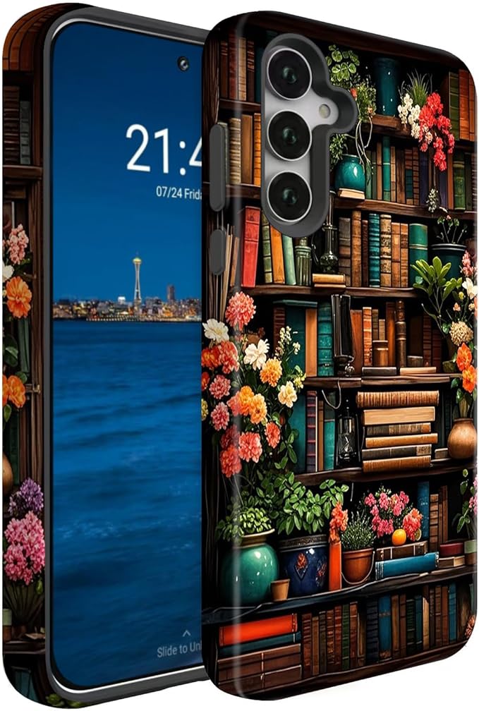 Compatible for Samsung Galaxy A16 5G Case, Dual Layer Heavy Duty 2 in 1 Shockproof Protective Phone Case,Flowers Bookshelf