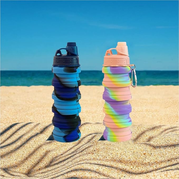 Collapsible Water Bottles 2 pack Travel Water Bottle 500ML（ Blue Camouflage + Pink