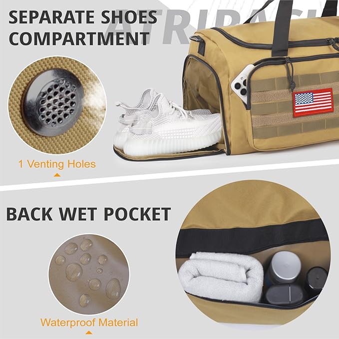 Tactical Gym Bag for Men, 60L Large Capacity Duffle Bags with Shoes Compartment, Sports Bag with wet compartment, Multi-functional Weekend Bags Suitable for Travel, Camping,hiking