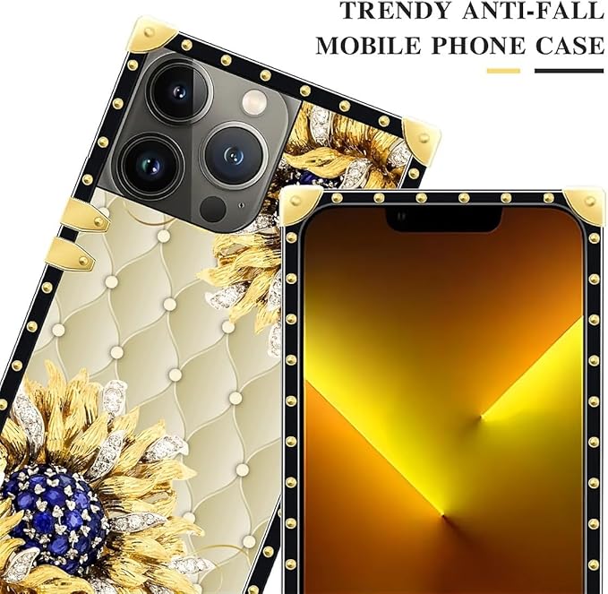Compatible with iPhone 13 Pro Max Case, Sunflower Diamonds Leather Luxury Golden Decoration for Girl Women Soft TPU Shockproof Protective Hard PC Back for iPhone 13 Pro Max