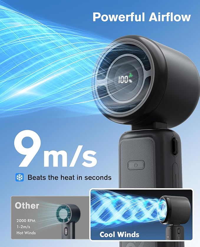 WHATOOK Portable Personal Handheld Fan: High Speed Cooling Fan, 12 Hours Battery Life, USB Rechargeable, Small Essentials for Women Cruise Travel, Beach Vacation (Black)