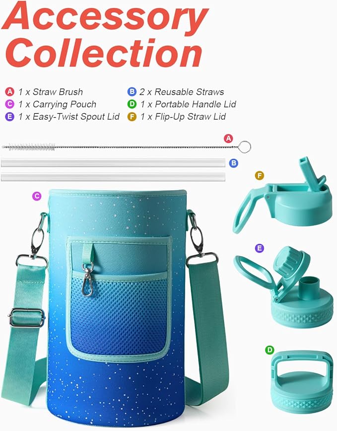 Coolflask 128 oz Gallon Water Bottle Insulated with Straw&3 Lids, Water Jug Large Stainless Steel Metal Vacuum Wide Mouth for Sports, Gym or Office, Non-BPA Keep Cold 48H Hot 24H, Glacier Blue