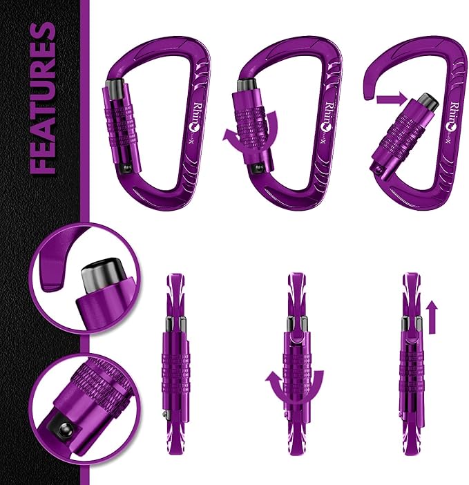 Rhino Produxs 12kN (2697 lbs) Heavy Duty Carabiner Clips, for Securing Pets, Outdoor, Camping, Hiking, Hammock, Dog Leash Harness, Keychains