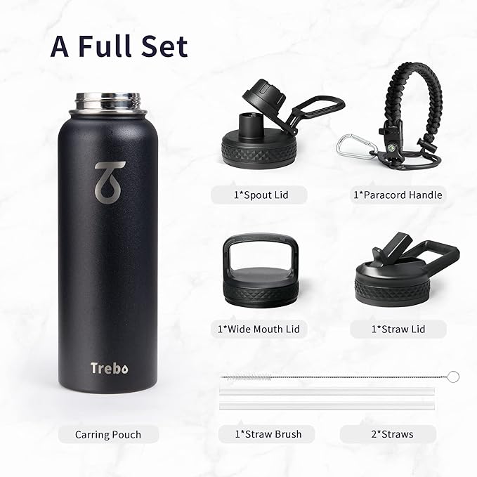 Trebo 40oz Water Bottle Insulated with Lid and Straw,Triple Wall Vacuum Stainless Steel Metal Tumbler Sports Flask with Paracord Handle, Keep Hot 24 Hours & Cold 48 Hours Water Jug with 3 Lids, Black
