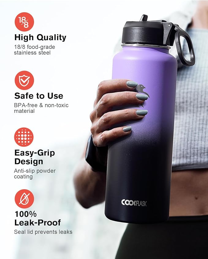 Coolflask Water Bottle 40 oz Insulated with Straw, Stainless Steel Metal 3 Lids Water Flask for Sports or Office, Keep Cold 48H Hot 24H, Purple Black