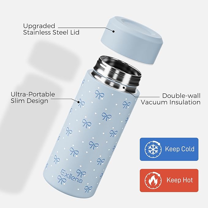 【Upgraded】Exllena Small Insulated Water Bottle 8 oz/250ml– Mini Insulated Water Bottle for Hot & Cold Drinks, Perfect Small Water Bottle for Travel, Purse...(Bow)
