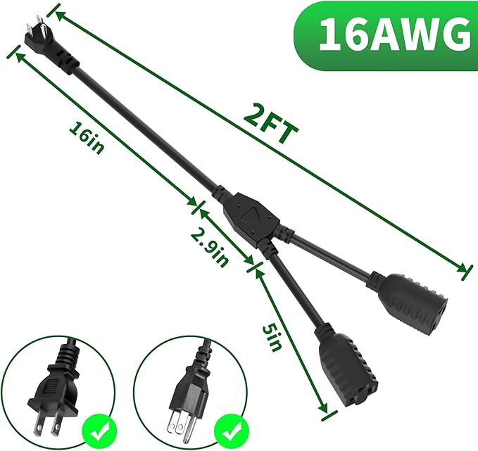 Elecan 3-Prong Y Splitter Power Extension Cord 2 FT/2 Pack, 90-Degree Angled Flat Plug 1 to 2 Way Outlet Space Saver, Heavy Duty Weatherproof SJTW, 16AWG 13A,5-15P Cable Extender for Indoor Outdoor-UL