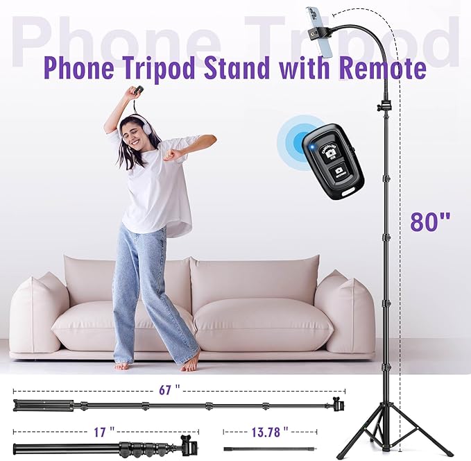 Nineigh 80" Phone Tripod, Selfie Stick Cellphone Tripod, Aluminum Tripods Stand for Video Photo Vlog, Travel Tripods with Gooseneck Remote Phone Holder, Compatible with iPhone Android Smartphone