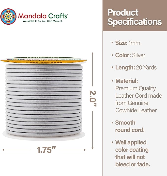 Mandala Crafts Round Genuine Silver Leather Cord for Jewelry Making – 1mm Cowhide Leather Rope String Lace for Kumihimo – 20 Yards Cowhide Craft Cording Spool