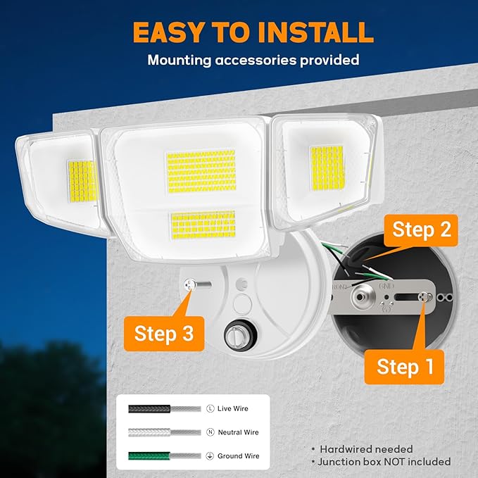 Abovizo 90W Dusk to Dawn Outdoor Light, 10,000LM 6500K LED Flood Lights Outdoor, 4-Head High Output Security Light for Yard and Garage, Eave & Wall Mountable Exterior Fixture, Hardwired