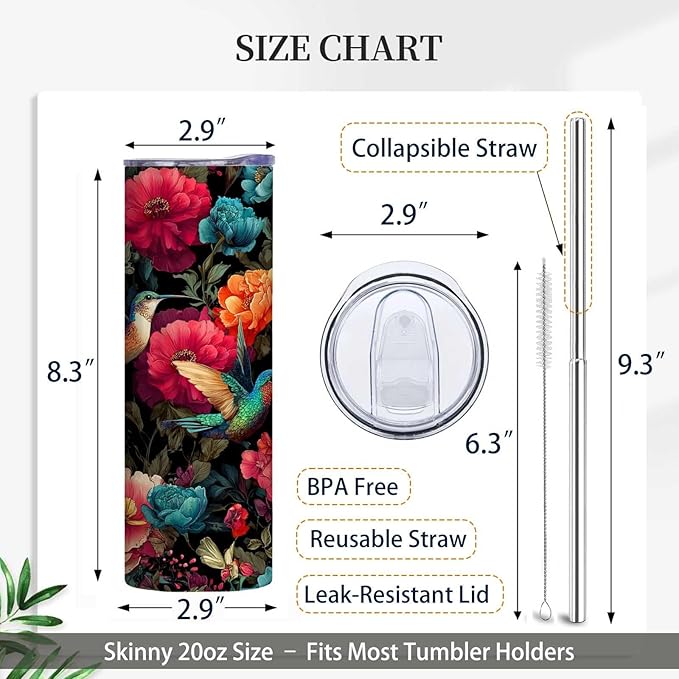 Firmiso 20 oz Tumbler | Skinny Insulated Travel Mug with Leak-proof Lid and Telescopic Straw | Hummingbird & Peony Stainless Steel Coffee Cup for Hot & Cold Drinks | Hummingbird Gifts for Women