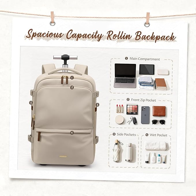 GOLF SUPAGS Rolling Backpack for Women 17 Inch Convertible Travel Laptop Backpack with Wheels, 32L Carry On Business Luggage Daypack Water-Resistant Rolling Bag for Work Short Trips (Apricot)