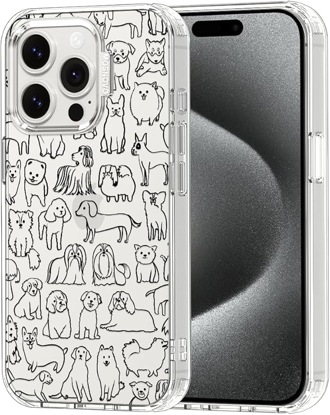 MOSNOVO Case for iPhone 15 Pro, [Buffertech 6.6ft Military-Grade Drop Protection] [Anti Peel Off Tech] Clear TPU Bumper Phone Case Cover Design - Doodle Dog