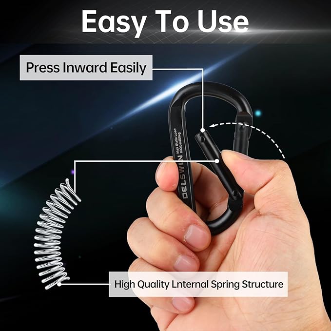 DELSWIN Heavy Duty Carabiner Clip 900lbs, 3 Inch Steel Carabiners for Keychain, Camping, Hiking, Backpack, Dog Leash, Hammock, Gym - D-Shaped Spring Hook Black