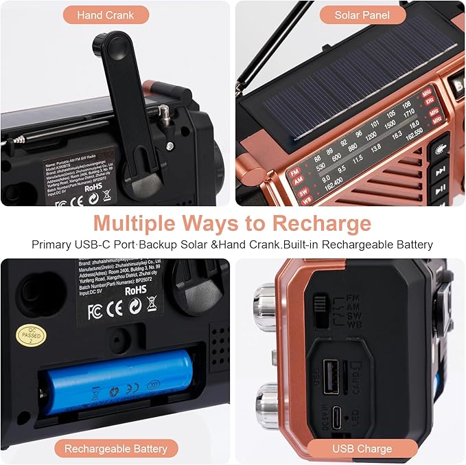 Hand Crank Emergency Weather Radio with 2600mAh/9620mWh Power Bank, NOAA AM FM Shortwave Portable Radio, Solar & USB-C Charging, Flashlight, SOS Alarm for Emergency Kits (Brown)