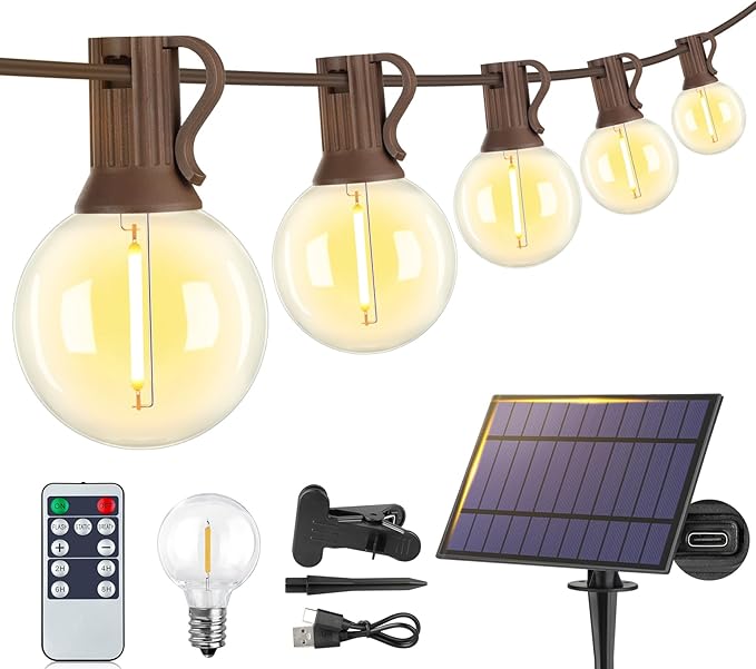 Larkvue 25FT Solar String Lights Outdoor with Remote, Waterproof Dimmable 3 Modes Patio Lights with 10+1 LED Shatterproof G40 Bulbs for Wedding-Brown