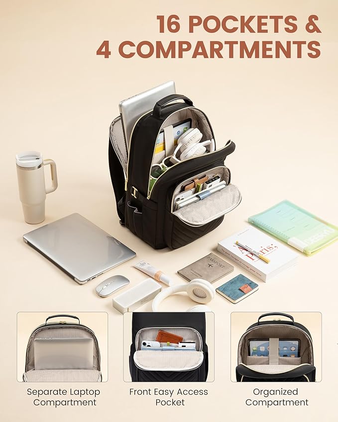 LOVEVOOK Laptop Backpack for Women with Giant Tumbler Holder 18.4 inch,Designer Travel Backpack Laptop Bag College Backpack,Quilted Work Nurse Teacher Backpack Purse Computer Bag Casual Daypack, Black