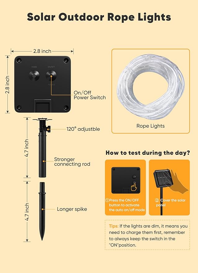 Brightown Solar Rope Lights, 39FT 100LED Outdoor Solar String Lights, IP65 Waterproof Solar Powered Fairy Lights with 8 Lighting Modes for Party Garden Yard Home Holiday Tree Decoration, Warm White