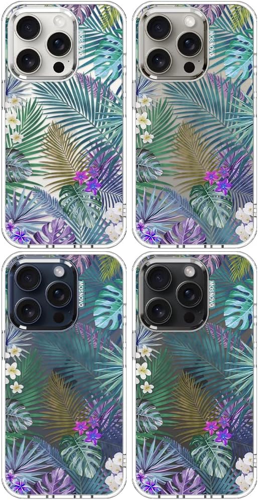 MOSNOVO Case for iPhone 15 Pro, [Buffertech 6.6ft Military-Grade Drop Protection] [Anti Peel Off Tech] Clear TPU Bumper Phone Case Cover Design - Tropical Rainforests