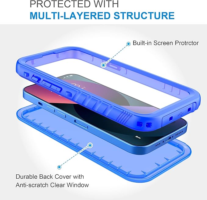 SPORTLINK Compatible with iPhone 13 Pro Waterproof Case - Full Body Shockproof Dustproof Phone Screen Protector Rugged Waterproof Case for iPhone 13 Pro 6.1 Inches Blue