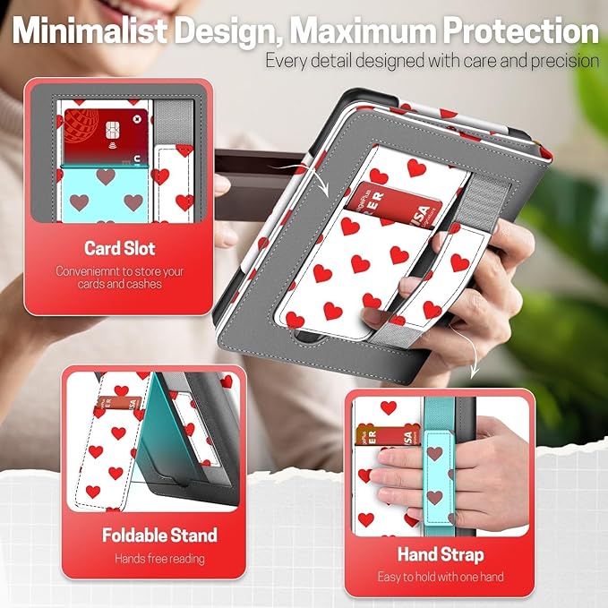 TNP Stand Case for Kindle Paperwhite 12th Generation 2024 / Kindle Colorsoft Signature Edition with Hand Strap & Card Slot - 7" PU Leather Protective Folio Cover with Auto Wake/Sleep, Red Love Heart