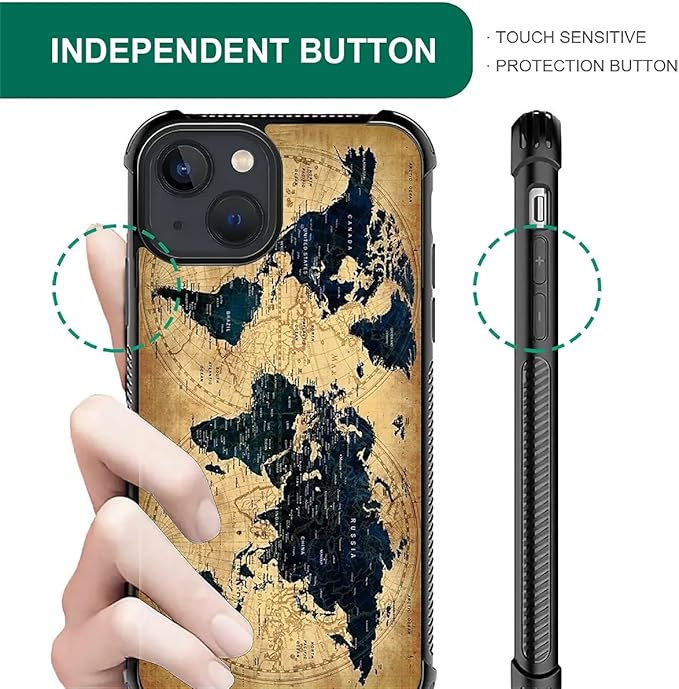 for iPhone 15 Case, Brown World Map Pattern Graphic Design Girl Boy Soft Silicone Hard Acrylic Shock Protection for iPhone 15
