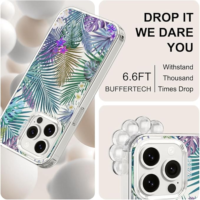 MOSNOVO Case for iPhone 15 Pro Max, [Buffertech 6.6ft Military-Grade Drop Protection] [Anti Peel Off Tech] Clear TPU Bumper Phone Case Cover Design - Tropical Rainforests