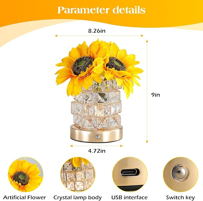 AMWGIMI Sunflowers Flower Lamp,Rechargeable Cordless Touch Table Lamp,3-Colour Infinitely Dimming Small Night Light,Festival Restaurant Bedroom Bar Coffee Shop Birthday Gifts for Women Mom