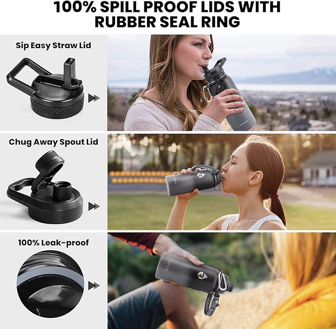 RAYMYLO Insulated Water Bottle 32 oz, Triple Wall Vacuum Stainless Steel (Cold for 24Hrs, Hot for 12Hrs), Leak Proof & Non-BPA, Modern Water Flask Jug with Paracord Handle & Straw Spout Lids