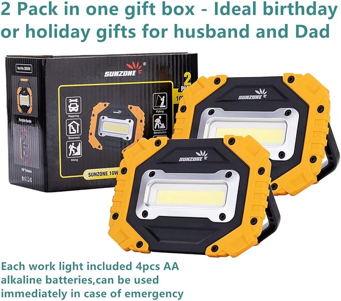 Sunzone Portable LED Work Light,AA Battery Powered Flood Lights,Super Bright Workshop Job Site Lighting for Camping, Hiking, Fishing, Car Repair with Emergency SOS Mode (2 Pack)