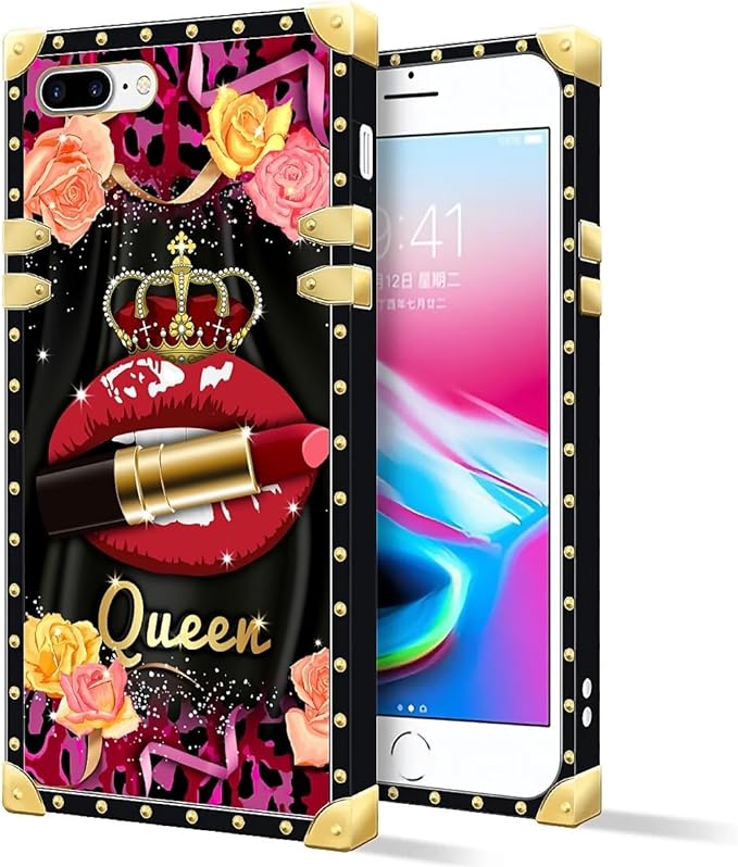 Compatible with iPhone 8 Plus 7 Plus Case, Queen Lip Crown Leopard Print Luxury Golden Decoration for Girl Women Soft TPU Shockproof Protective Hard PC Back for iPhone 8 Plus 7 Plus
