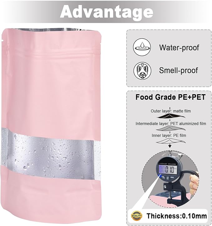 7.1"x10.2" 1 Quart 120pcs Mylar Bags for Food Storage,Smell Proof Bag with Matte Window Resealable Food Storage Bags for Small Business, Stand-up Foil Pouch Packaging Freeze Dried Candy Bag(Pink)