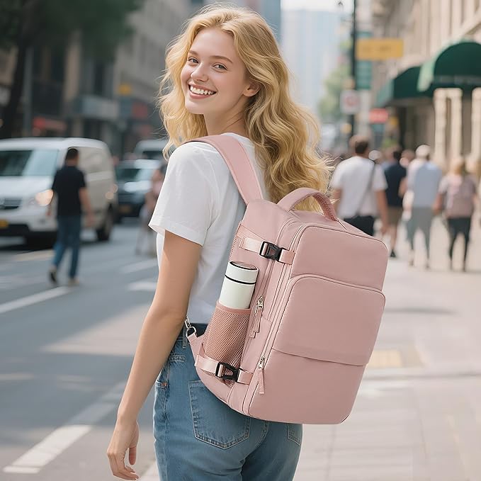 Sinaliy Travel Backpack, Carry on Flight approved Travel Bag with Multi-Pockets, Waterproof 17.3inch Laptop Backpack for Men Women, Pink