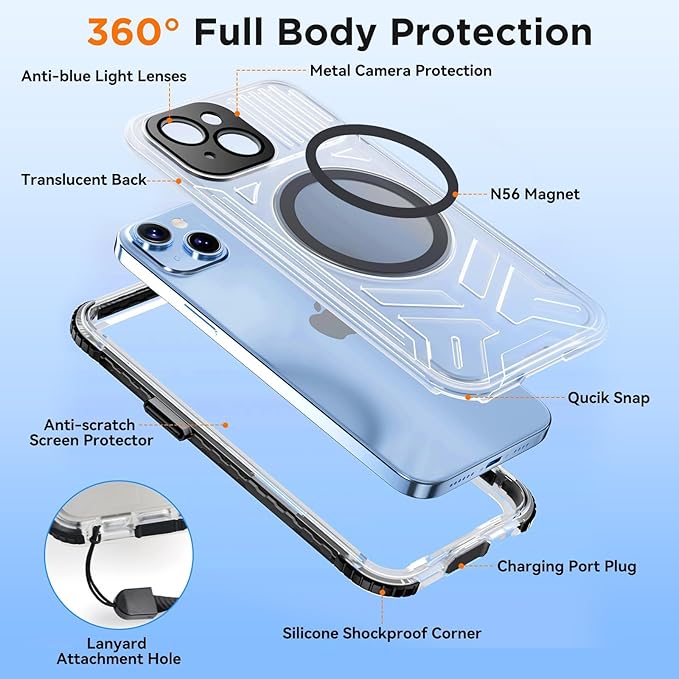WIFORT for iPhone 15 Waterproof Case, [IP68 Underwater Dustproof][Built-in Screen][15FT Military Shockproof], 360 Full Body Sealed Protection Cover Magnetic Frosted Phone Case, 6.1" Black