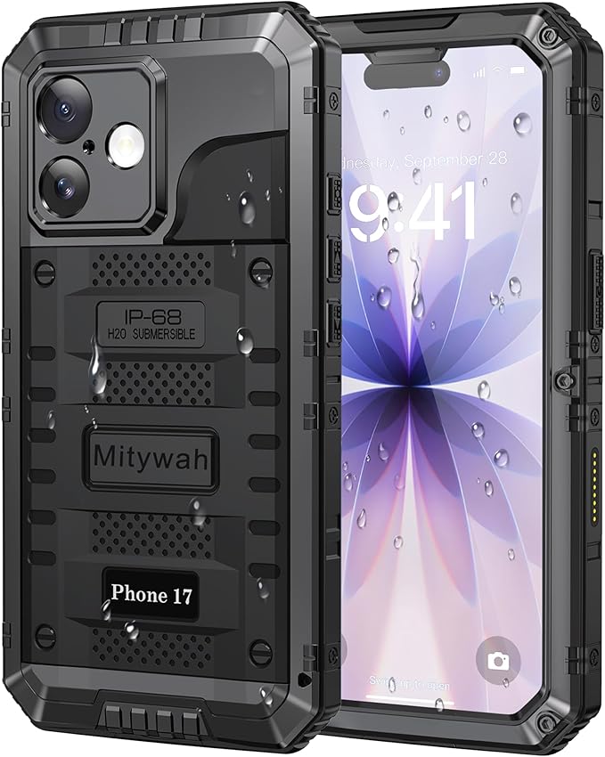 Mitywah Waterproof Case for iPhone 17, Rugged Metal Case with Built-in Screen Protector, Heavy Duty Full Body Shockproof Protective Cover 6.3 inch, Black