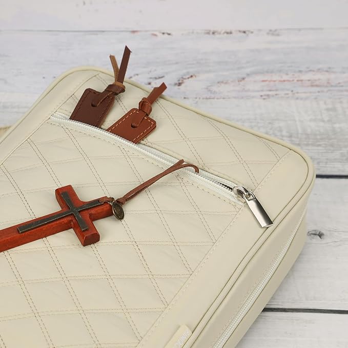 FINDCOZY Bible Cover for Women, Durable Carrying Book Case Church Bag for Biblical Accessories with Handle and Zippered Pocket, for Scriptures, Taslan Beige