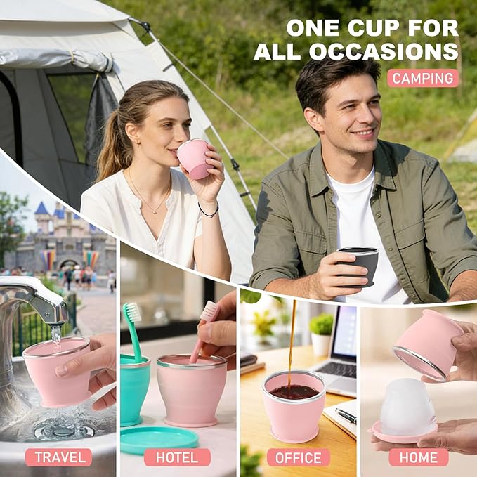 Collapsible Travel Cup, BPA-Free Reusable Water Cup, Lightweight Drinking Cups with Lids and Carrying Strap, Dishwasher Safe Silicone Cups for Camping, Travel, Airports, Hotel (6.7oz, Pink)
