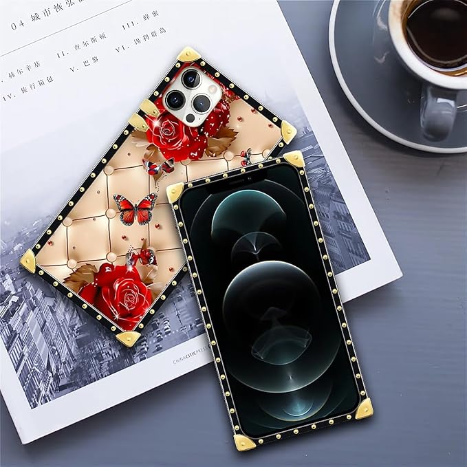 Compatible with iPhone 11 Pro Max Case, Shining Red Rose Butterfly Leather Background Luxury Golden Decoration for Girl Women Soft TPU Shockproof Protective Hard PC Back