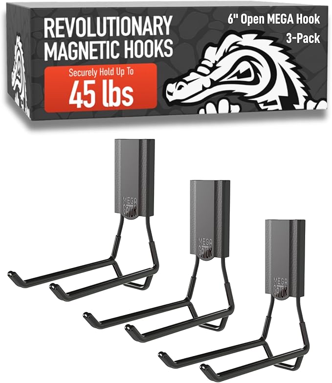 GATOR MAGNETICS MEGA 6 in Open Hooks, 45 lb Heavy Duty Magnetic Hooks for Steel Surfaces, Patented Easy-Release, Non-Slip Grip – Storage & Organization, Garage, Home Tools & Gear Storage – 3 Pack