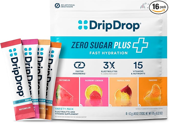 DripDrop Zero Sugar Plus - Sugar Free Hydration Packets- Single Serve Electrolytes Powder Drink Mix - Raspberry Lemonade, Watermelon, Tangerine, Tropical Punch - Non-GMO, Vegan- 16 Sticks