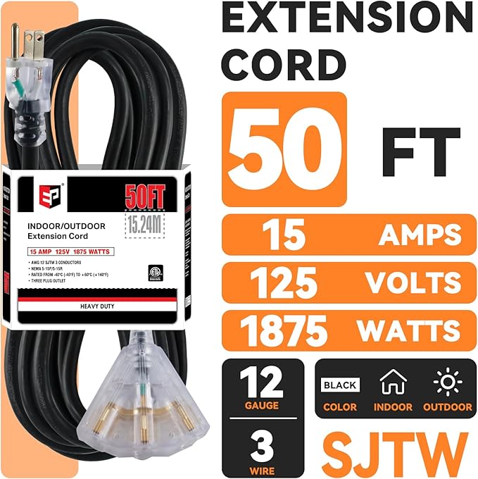 EP 50 Ft Lighted Outdoor Extension Cord with 3 Electrical Power Outlets - 12/3 SJTW Heavy Duty Black Extension Cable with 3 Prong Grounded Plug for Safety, UL Listed