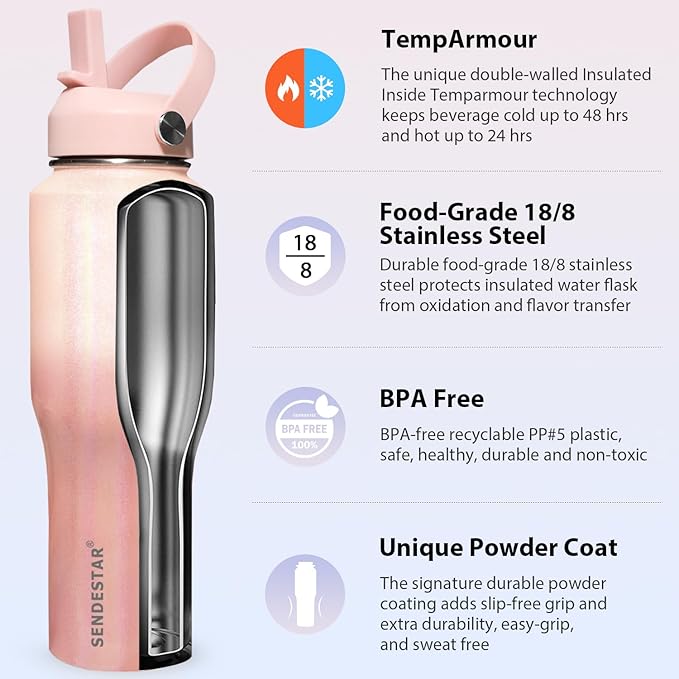 SENDESTAR Water Bottle,Wide Mouth Stainless Steel Vacuum Insulated Double Wall Keep Liquids Cold or Hot All Day,Sweat Proof Sport Design,Fit Car Cup Holder,Buling Pink Gradient,40 Ounces