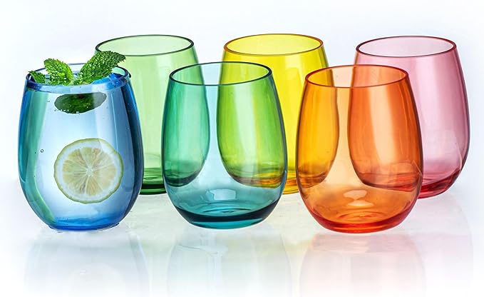 18oz Colorful Stemless Wines Cups, Shatter-Proof Acrylic Glasses Drinkware, Reusable Plastic Bar Glasses, BPA-Free, Dishwasher-Safe