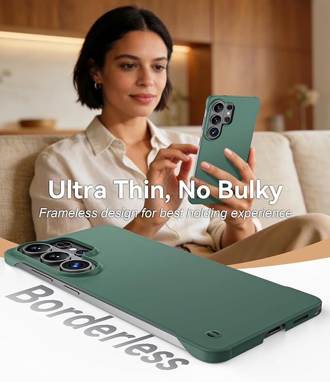 GRECAZO Slim Borderless for Samsung Galaxy S26 Phone Case 6.3"(2026) Ultra-Thin Lightweight Frameless Matte Hard PC Cover Case with Pull Ring Minimalist Non Slip Rope-Dark Green