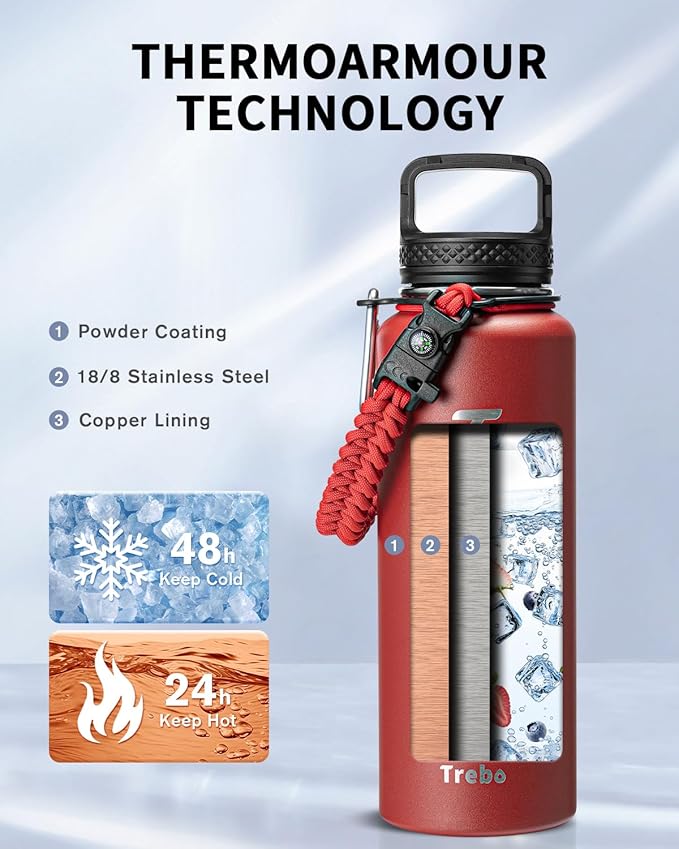 Trebo Water Bottle 40oz with Paracord Handle, Half Gallon Large Vacuum Triple Wall Stainless Steel Insulated Water Jug with Holder Strap Straw Spout Lids, Leakproof Keep Cold & Hot, Red