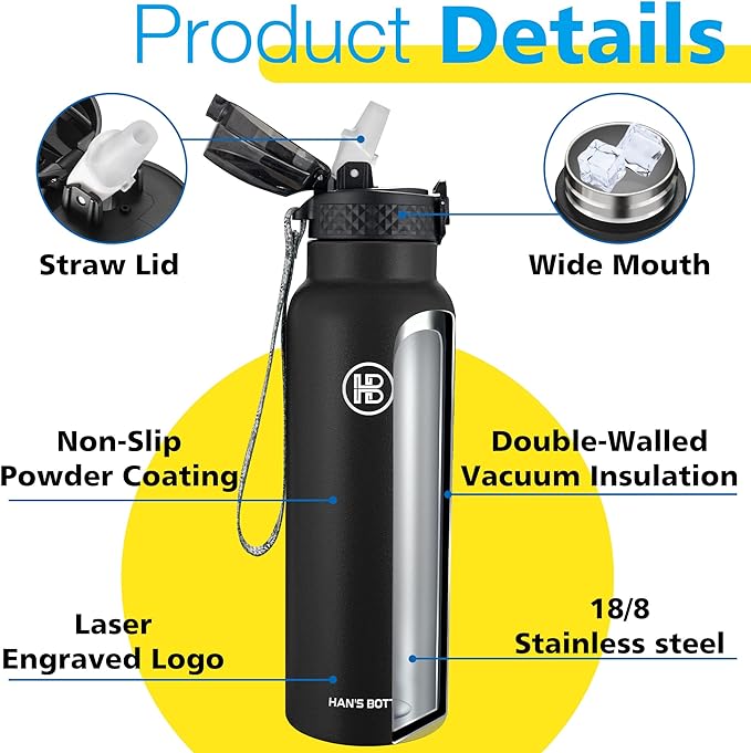 Han's Bottle Sports Water Bottle - 24 Oz, Straw Lid, Leak Proof, Vacuum Insulated Stainless Steel, Double Walled, Thermo Mug,Black