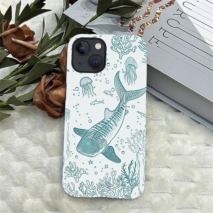 for iPhone 13/14 Case,HH2 Ocean Whale Shark Hybrid 2 Layer Hard Shell Silicone Protective Pattern Design Case